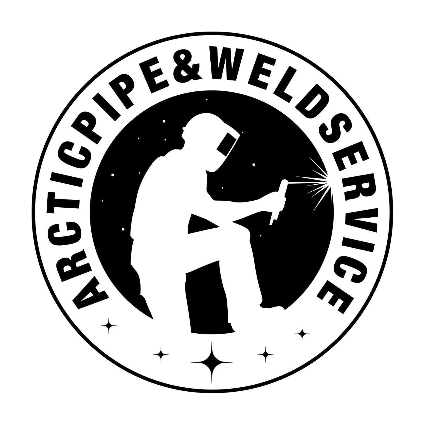 Mustavalkoinen pyöreä logo esittää hitsaajaa hitsaamassa, kipinöiden lentäessä tummaa taustaa vasten.