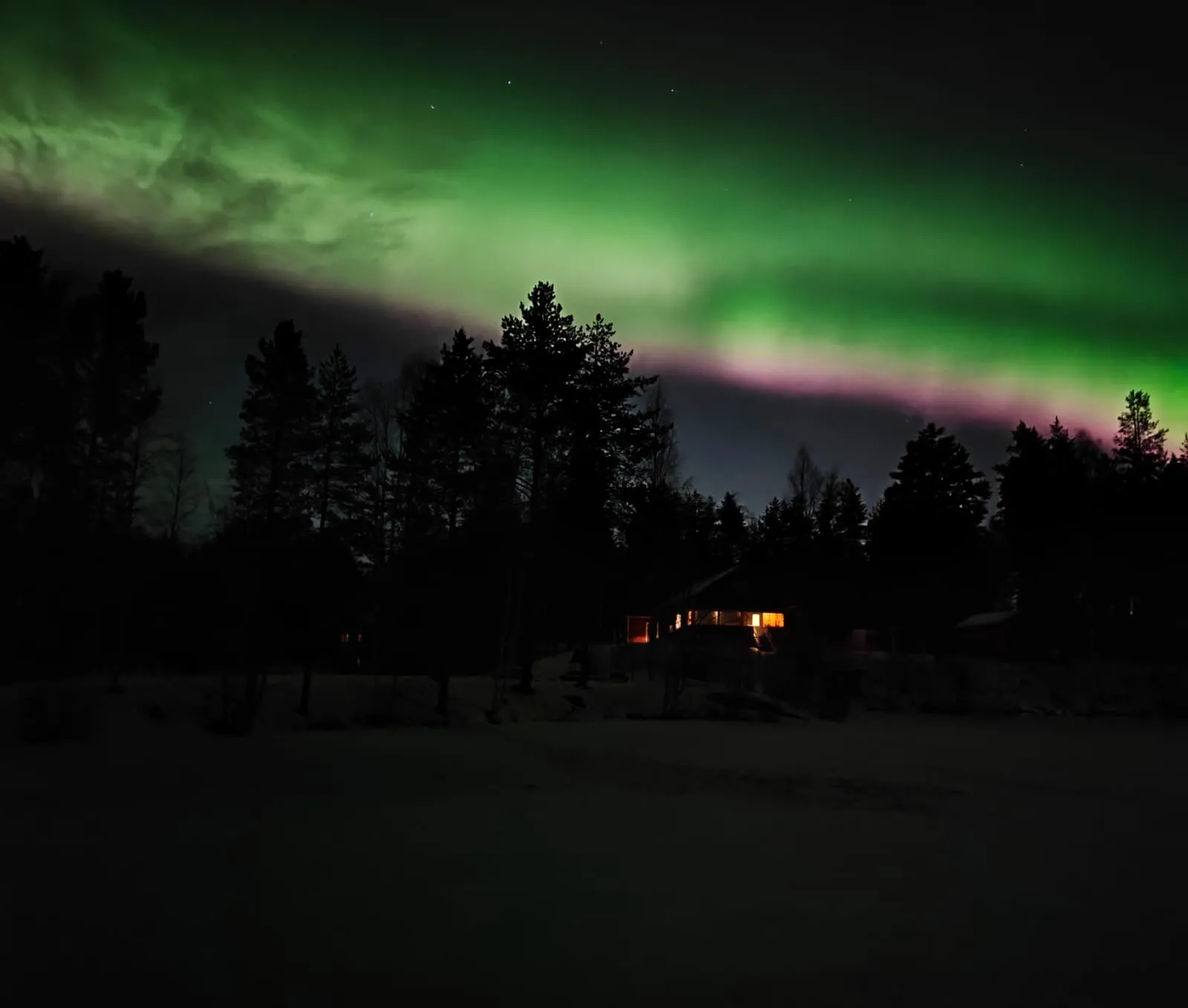 Yöllinen kuva revontulista metsän yllä, mökki valaistu. Vihreä ja vaaleanpunainen valo taivaalla.